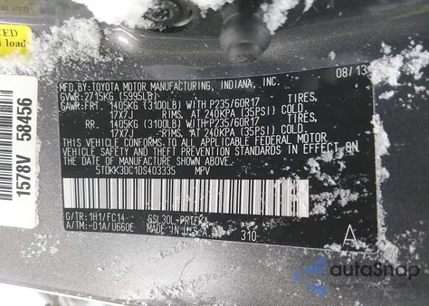 2013 Toyota Sienna Le V6 8 Passenger из США, поврежденный, VIN 5TDKK3DC1DS403335